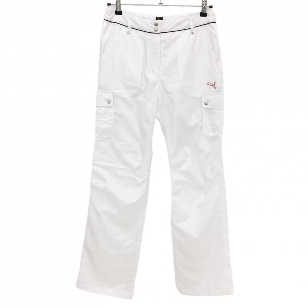 【超美品】プーマ ナイロンカーゴパンツ 白 地模様 内側一部微起毛 裏地メッシュ ロゴピンク レディース L ゴルフウェア PUMA