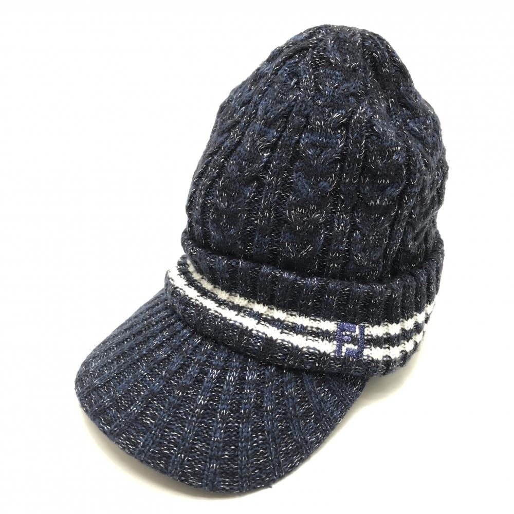 【美品】フットジョイ つば付きニット帽 ネイビー×白 ラメ ライン 裏地ニット レディース フリーサイズ(55-57cm) ゴルフウェア FootJoy
