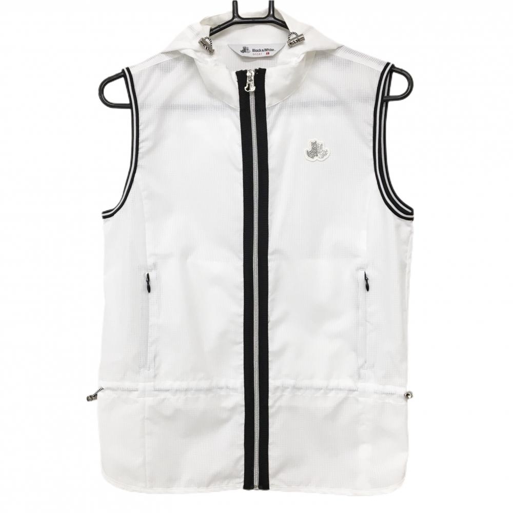 【超美品】ブラックアンドホワイト フード付きベスト 白×黒 メッシュ生地  レディース L ゴルフウェア Black＆White