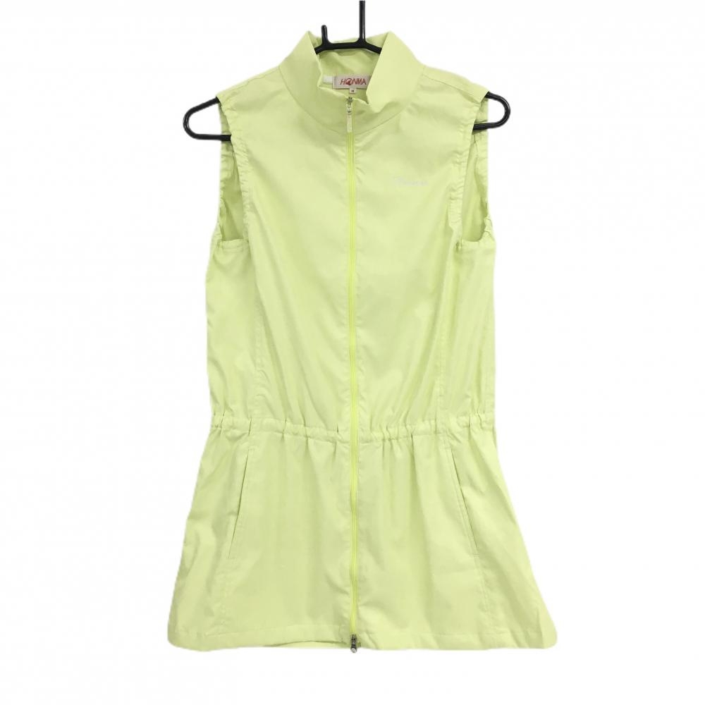【超美品】ホンマ アウターベスト グリーンイエロー 丸地模様 チュニック丈 ウエストゴム レディース M ゴルフウェア HONMA