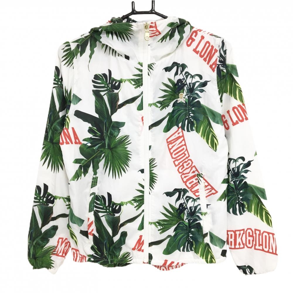 【美品】マークアンドロナ ジップパーカー 白×グリーン リーフ柄 裏地メッシュ  レディース M ゴルフウェア MARK＆LONA