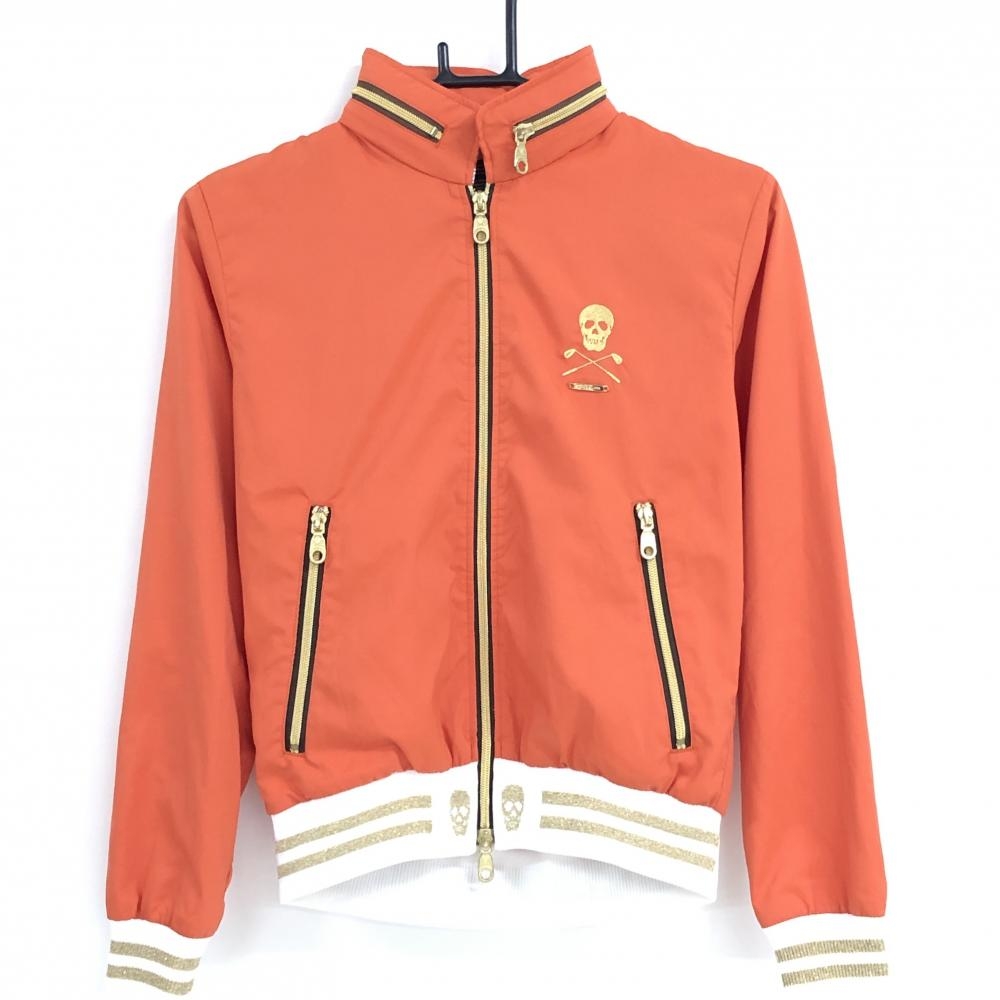 【超美品】マークアンドロナ ジャケット オレンジ 裾ロゴ・スカル メッシュ裏地 フード収納可 レディース  ゴルフウェア MARK＆LONA