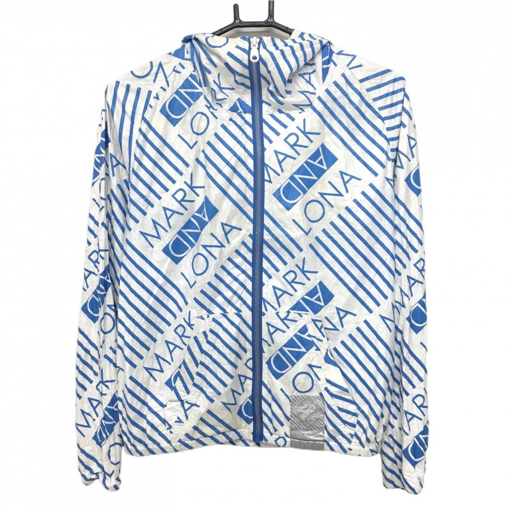マークアンドロナ ジップパーカー 白×ライトブルー 総柄 しわ加工 レディース M ゴルフウェア MARK＆LONA