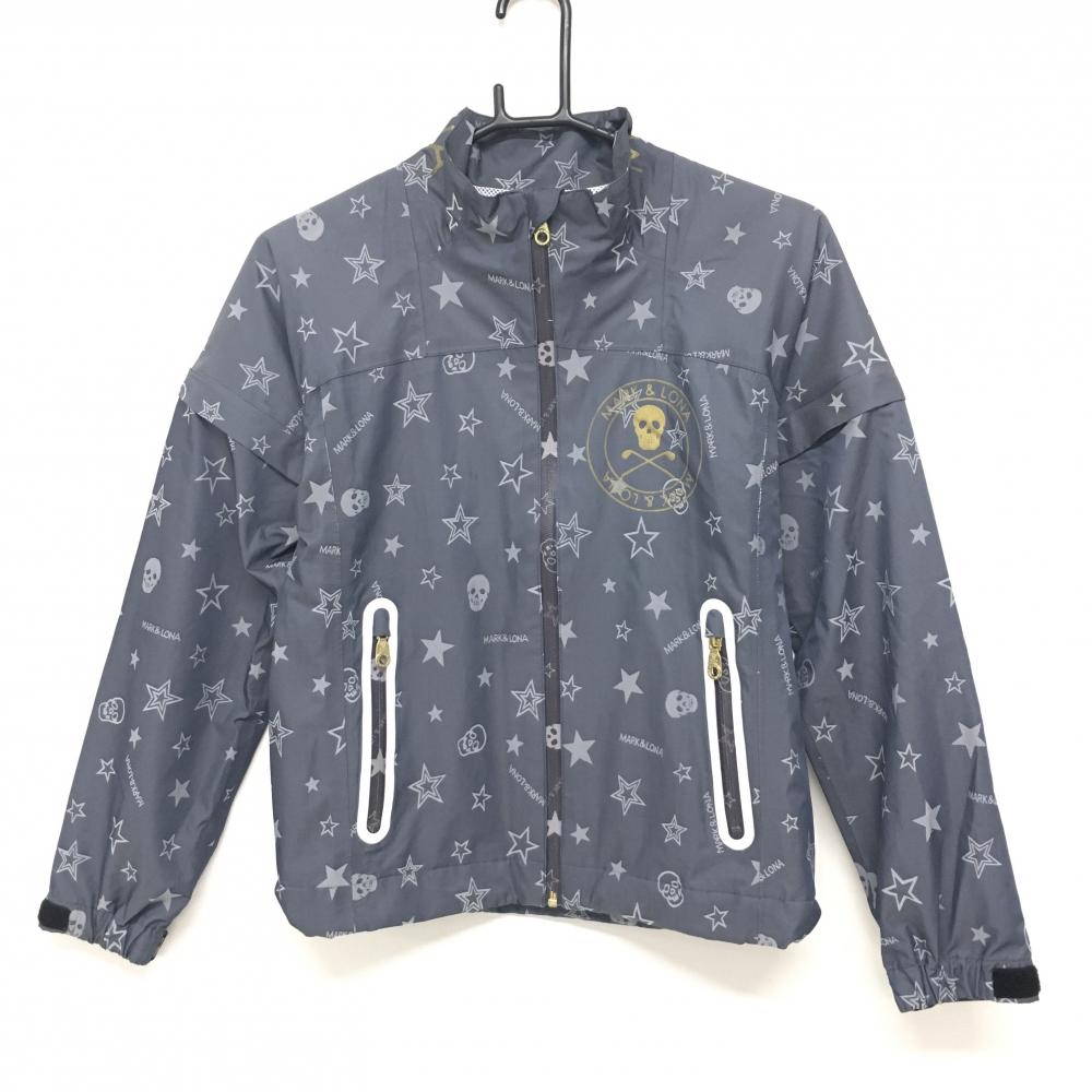 【美品】マークアンドロナ 2WAYジャケット グレー 星・スカル総柄 メッシュ裏地 袖着脱可 レディース S ゴルフウェア MARK＆LONA