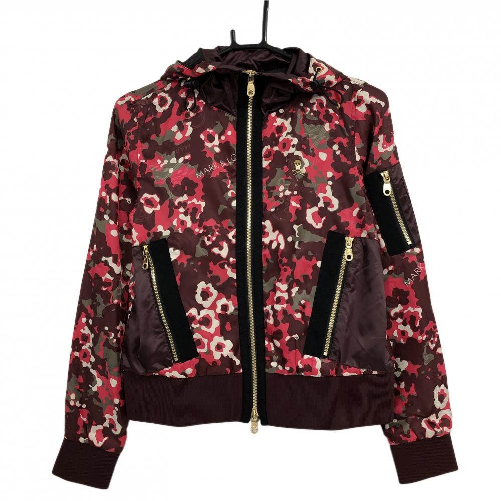 【超美品】マークアンドロナ ジップパーカー ボルドー×レッド カモフラ柄 迷彩 メッシュ裏地 レディース 36(S) ゴルフウェア MARK＆LONA