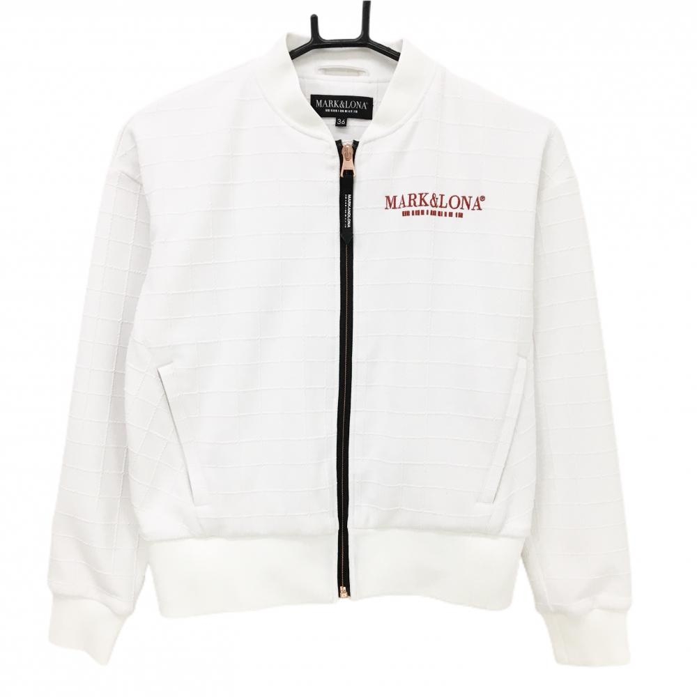 【超美品】マークアンドロナ ブルゾン 白 格子柄織生地 ロゴ  レディース 36(S) ゴルフウェア MARK＆LONA