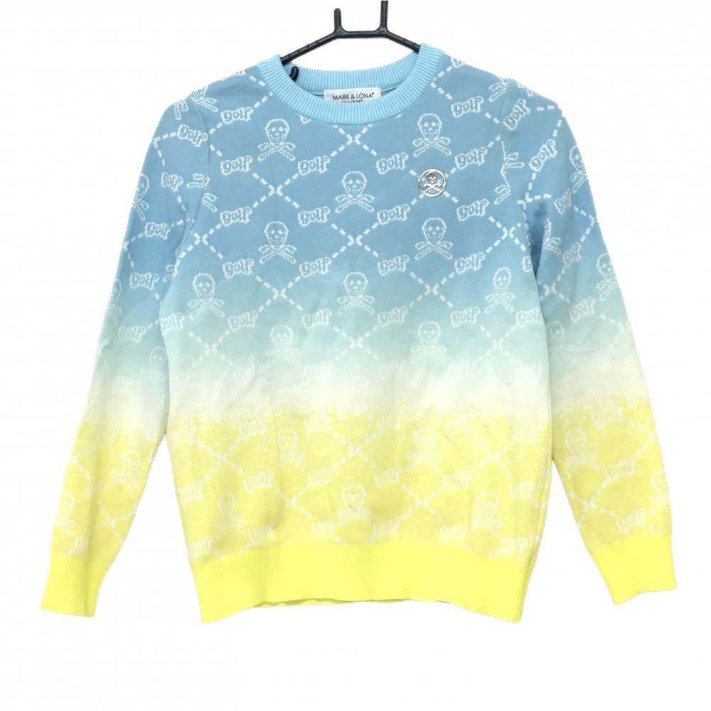 マークアンドロナ セーター ライトブルー×イエロー×白 スカル総柄 ニット グラデーション レディース 38(M) ゴルフウェア MARK＆LONA
