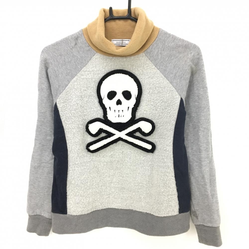 マークアンドロナ タートルネックトレーナー グレー×ライトブラウン スカル 一部起毛 レディース S ゴルフウェア MARK＆LONA