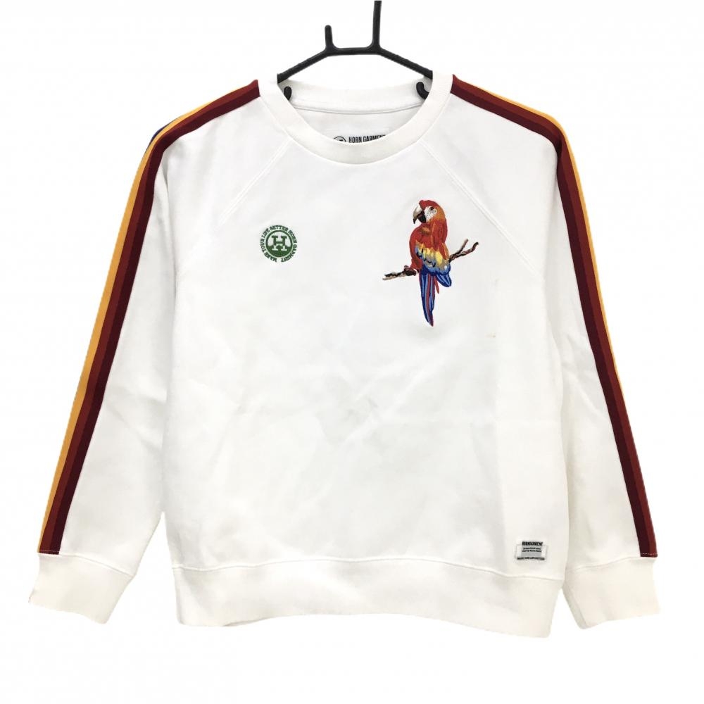 ホーンガーメント トレーナー 白×レッド マークアンドロナ 袖ライン スウェット 刺しゅう  レディース M ゴルフウェア MARK＆LONA