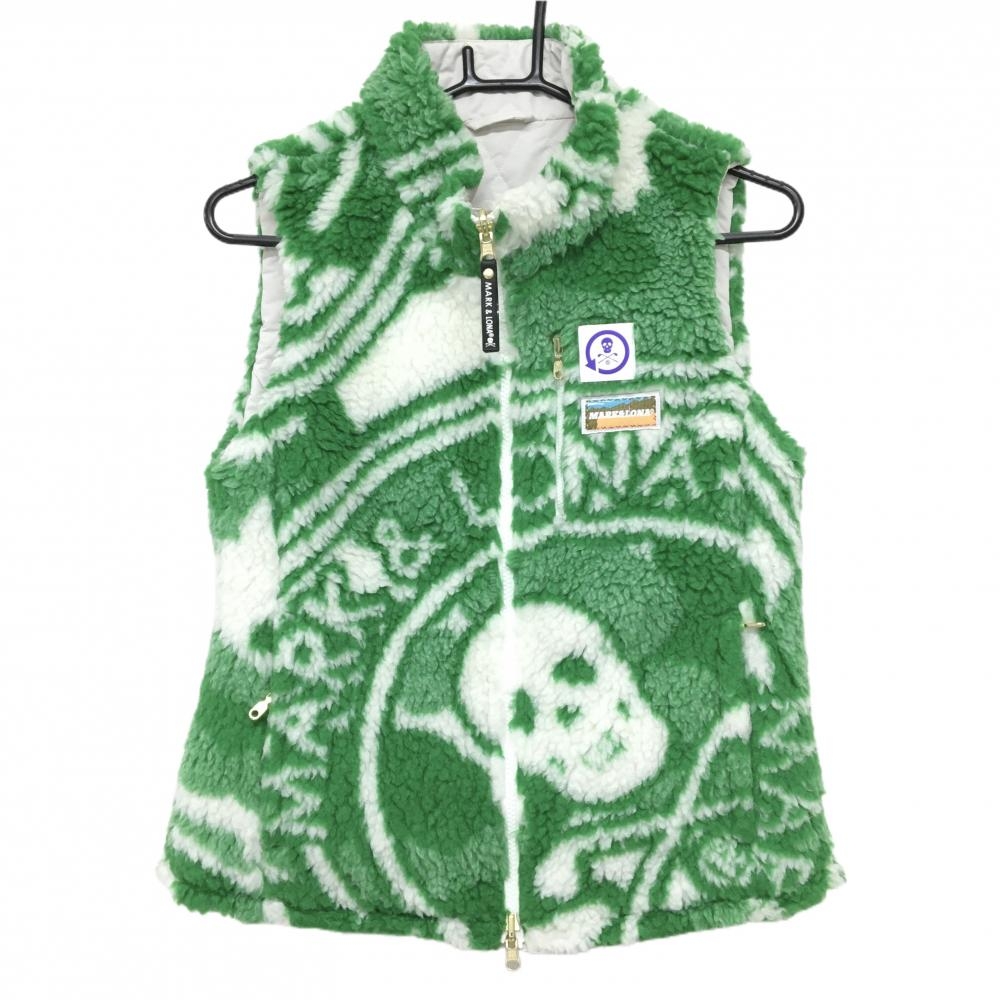 マークアンドロナ 中綿ボアリバーシブルベスト グリーン×白 総柄 裏ライトグレー レディース 38(M) ゴルフウェア MARK＆LONA