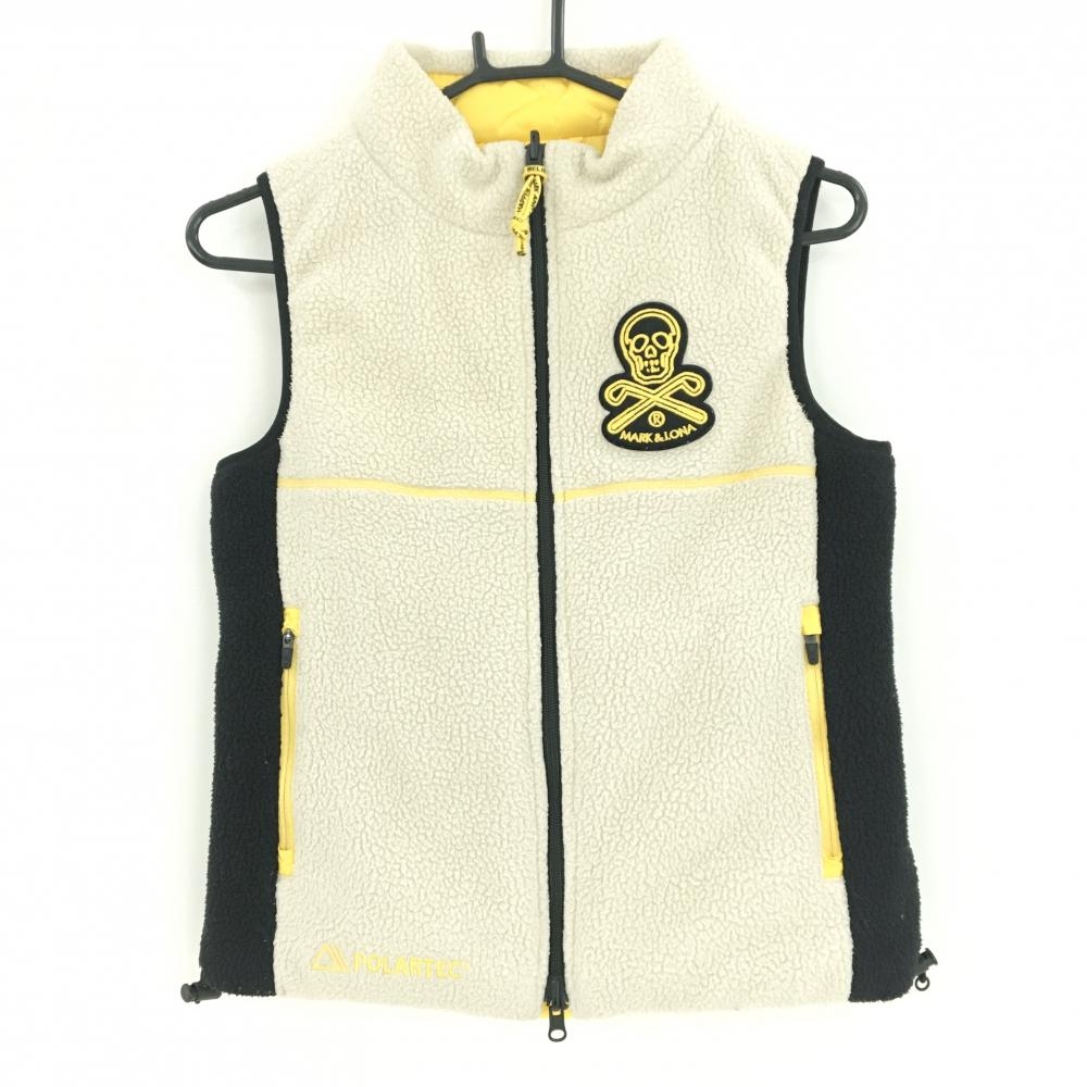 【美品】マークアンドロナ 中綿リバーシブルボアベスト ベージュ×黒 裏イエロー  レディース 36(S) ゴルフウェア MARK＆LONA