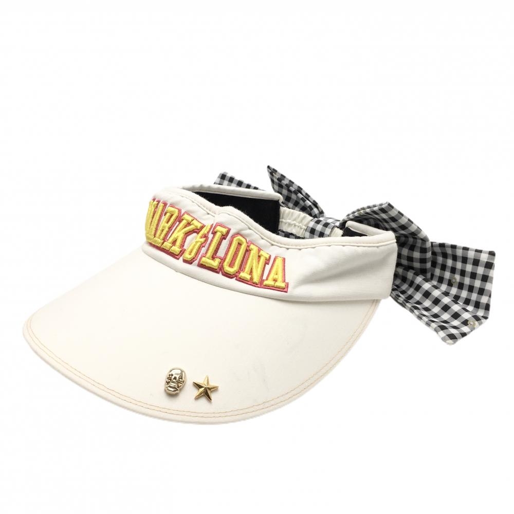 マークアンドロナ つば広サンバイザー 白×イエロー 一部ギンガムチェック リボン付 レディース FREE ゴルフウェア MARK＆LONA