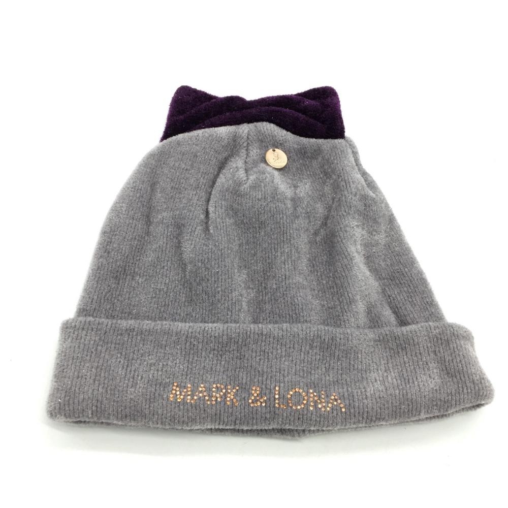【超美品】MARK＆LONA マークアンドロナ ニット帽 グレー×パープル ラメ リボン レディース FREE ゴルフウェア