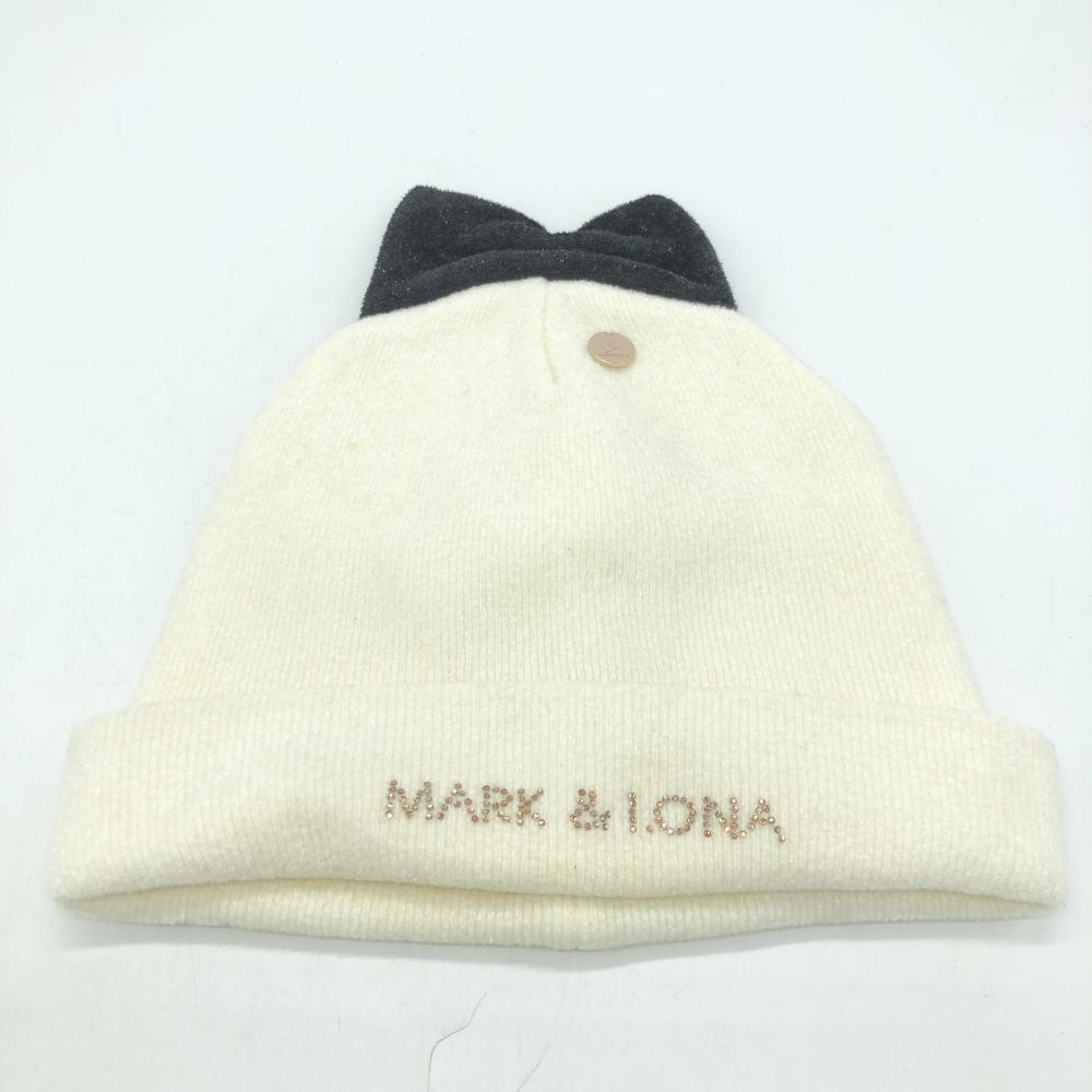 MARK＆LONA マークアンドロナ ニット帽 白×黒 リボン スカルチャーム  レディース FREE ゴルフウェア