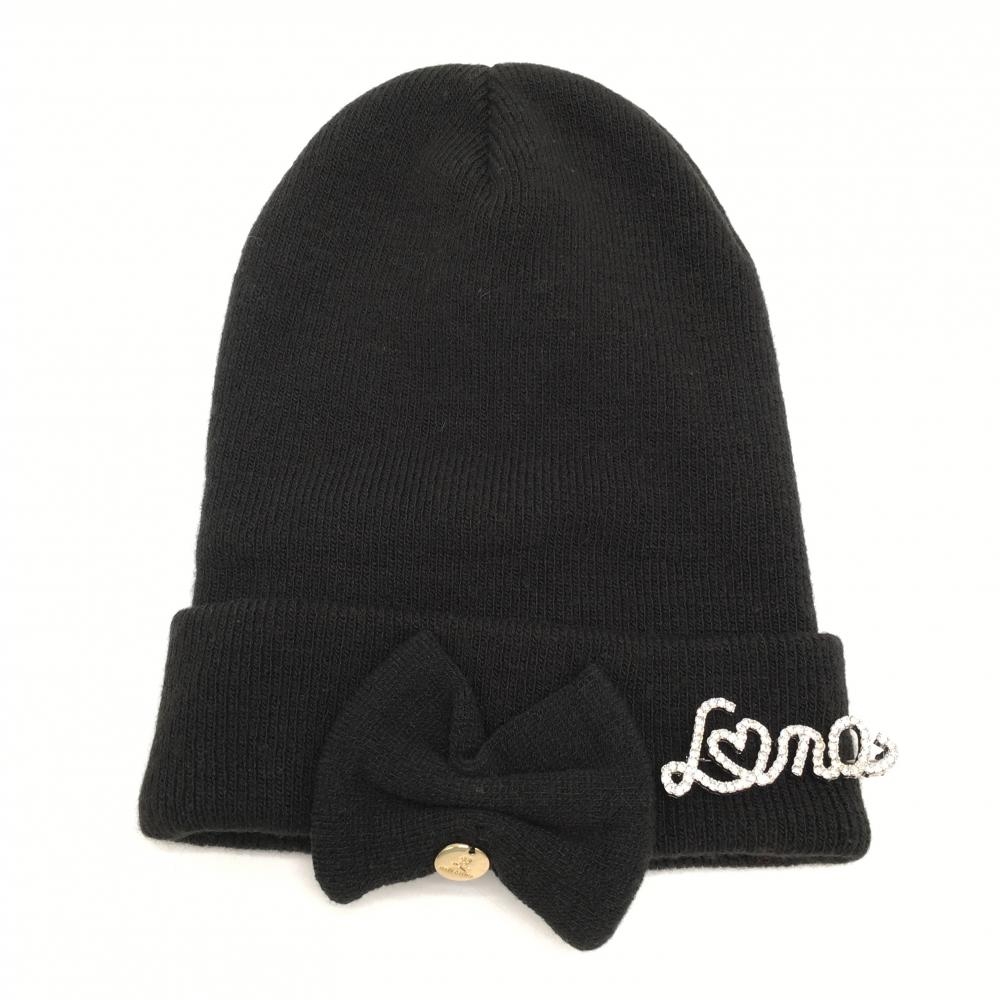 【超美品】マークアンドロナ ニット帽 黒 ウール混 リボン レディース FREE ゴルフウェア MARK＆LONA