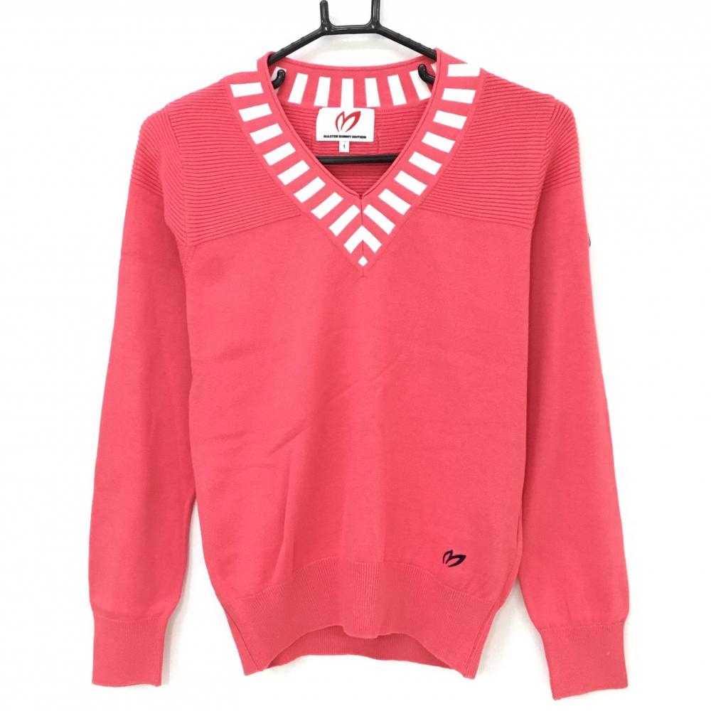 【美品】マスターバニー セーター ピンクレッド コットン混 Vネック ニット レディース 1(M) ゴルフウェア MASTER BUNNY EDITION