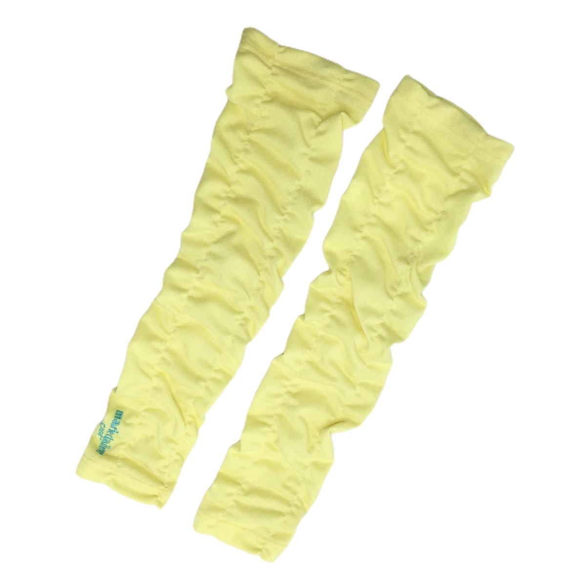 【超美品】マリクレールスポール アームカバー イエロー×ライトブルー ロゴ刺しゅう  レディース F ゴルフウェア marie claire