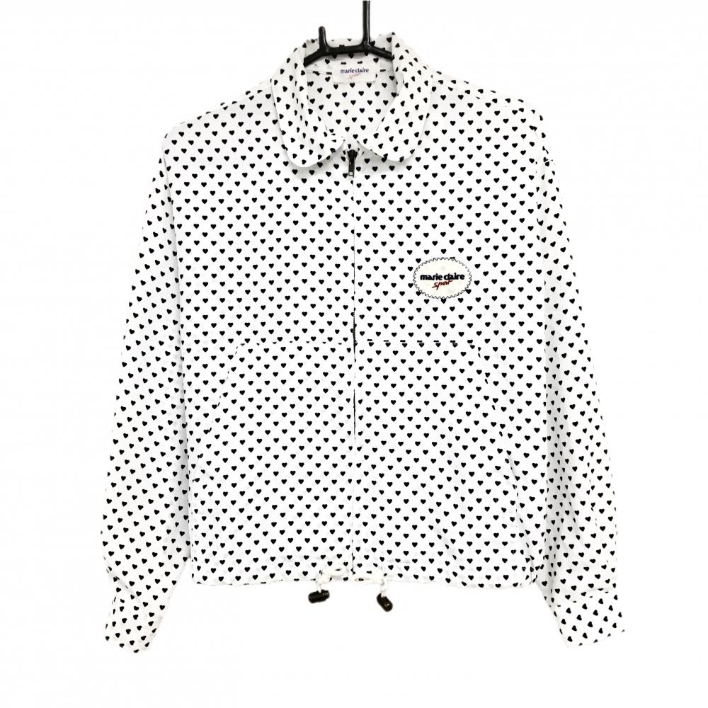 【超美品】マリクレール ジャケットブルゾン 白×ネイビー ハート総柄 裾ドローコード レディース  ゴルフウェア marie claire