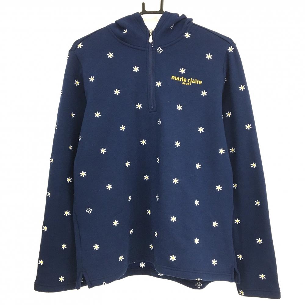 【超美品】マリクレールスポール パーカー ネイビー×白 花刺しゅう柄 裏起毛 レディース LL ゴルフウェア marie claire