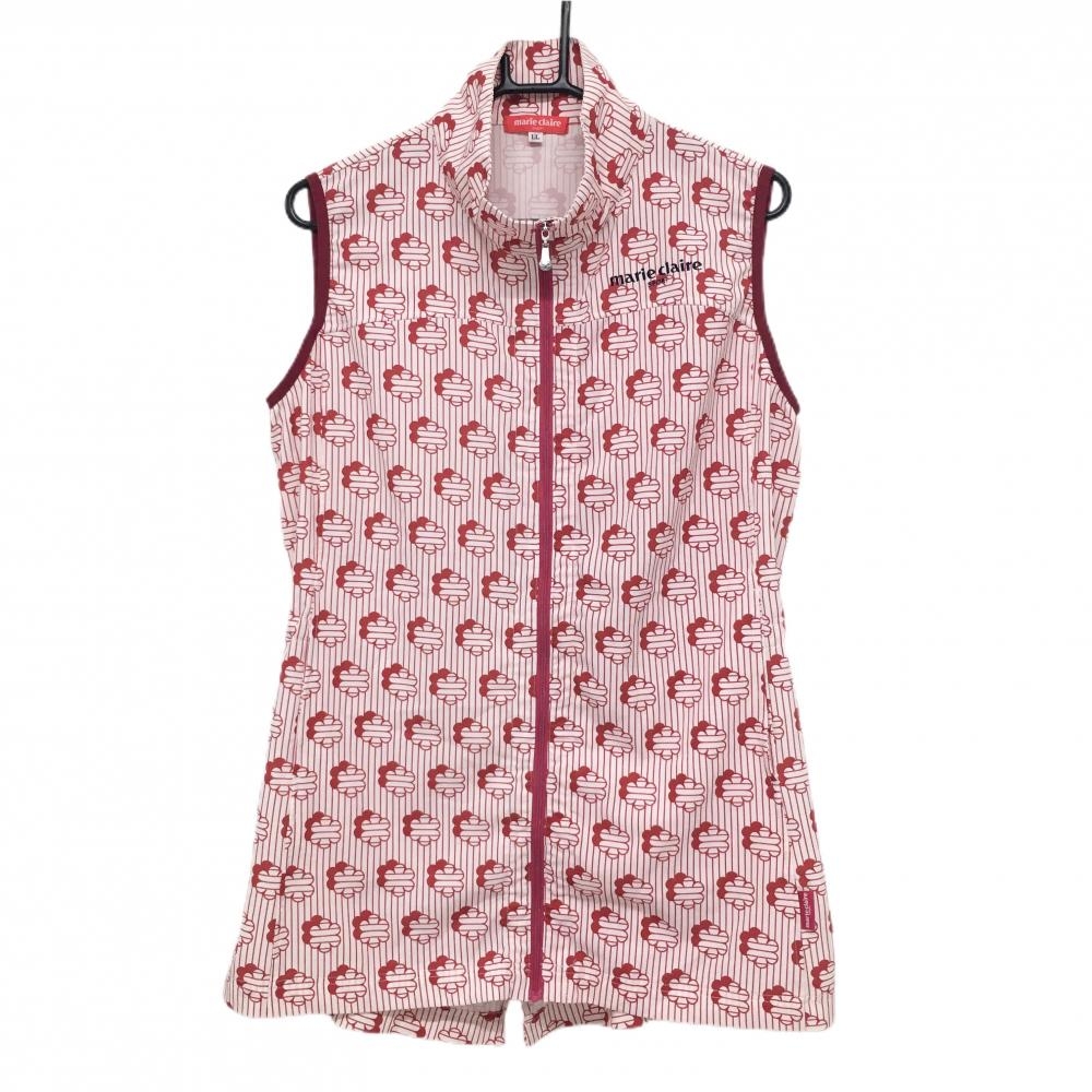 【超美品】マリクレールスポール アウターロングベスト 白×レッド ストライプ 花柄風 レディース LL ゴルフウェア marie claire