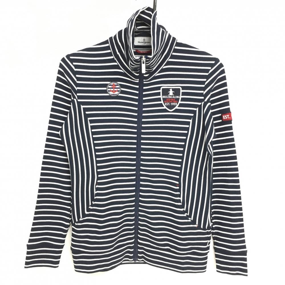 【超美品】マンシングウェア ブルゾン ネイビー×白 ボーダー メッシュ レディース M ゴルフウェア Munsingwear