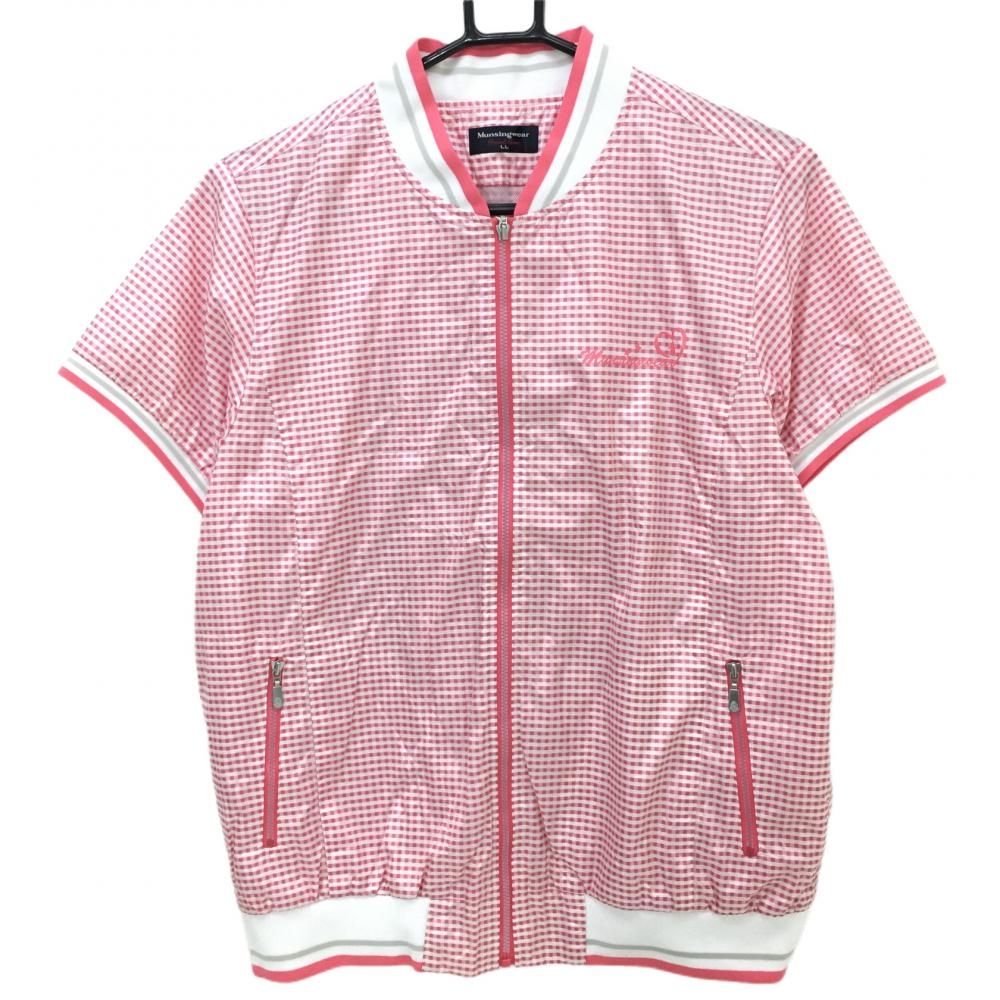 【新品】マンシングウェア 半袖ナイロンジャケット ピンク×白 スクエアドット 撥水  レディース LL ゴルフウェア Munsingwear