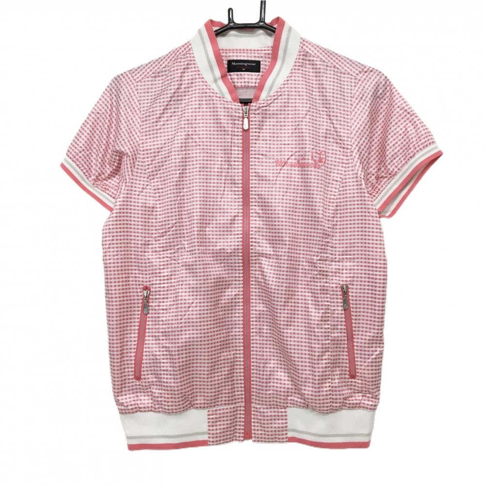【超美品】マンシングウェア 半袖ジャケット ピンク×白 チェック 裏地メッシュ レディース M ゴルフウェア Munsingwear
