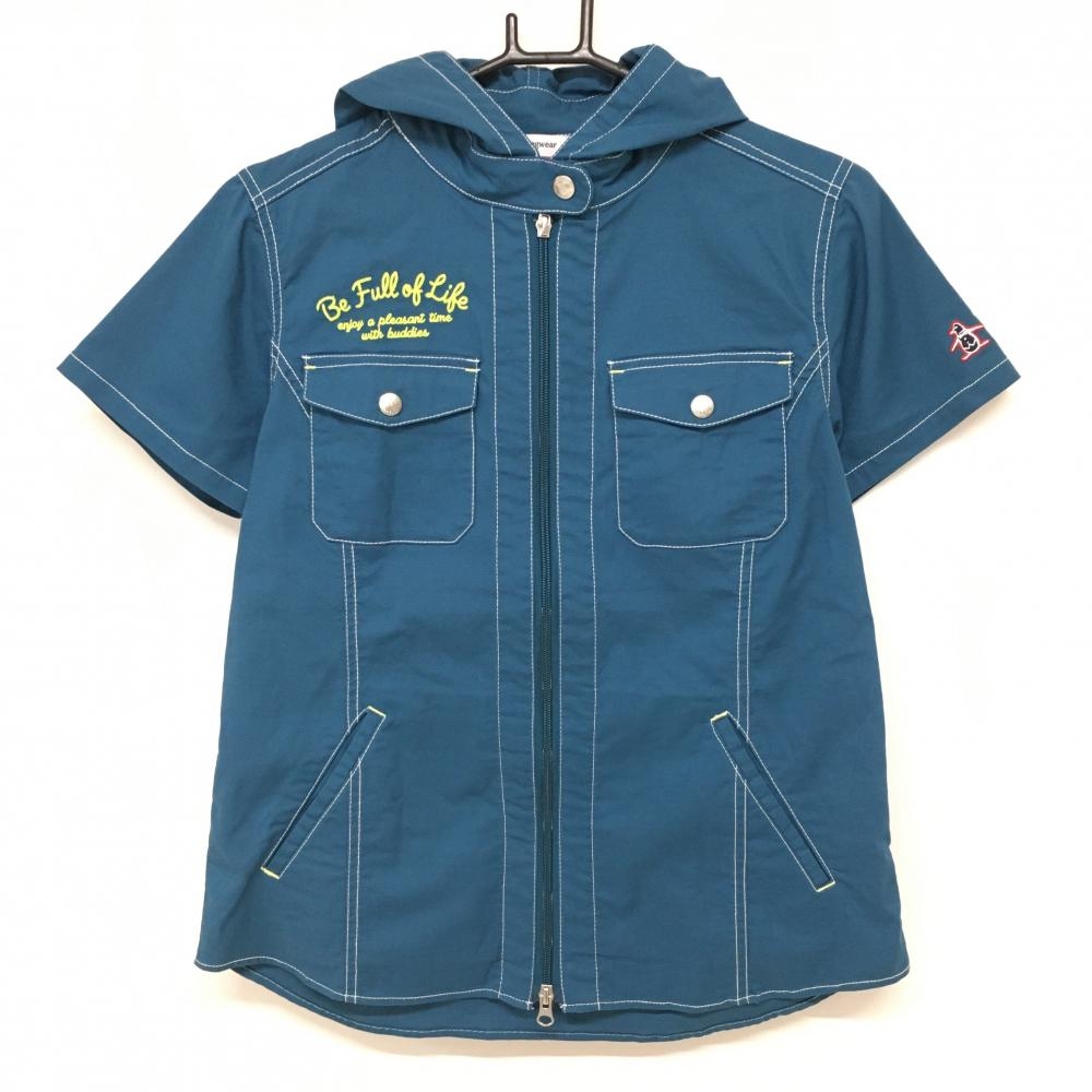 【超美品】マンシングウェア 半袖ジップパーカー グリーン×白 ステッチ  レディース L ゴルフウェア Munsingwear