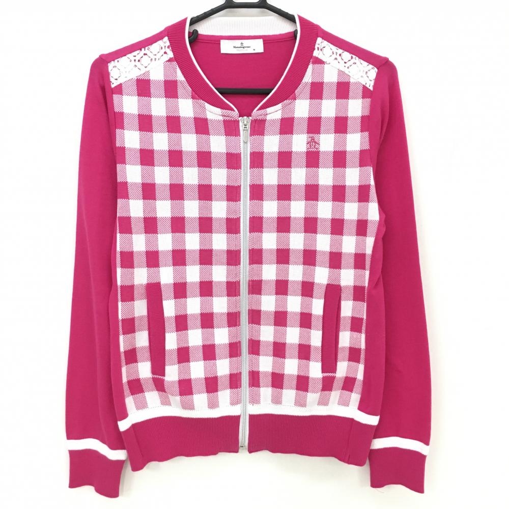 マンシングウェア ニットジャケット ピンク×白 前身頃チェック 肩レース ロゴ刺しゅう  レディース M ゴルフウェア Munsingwear