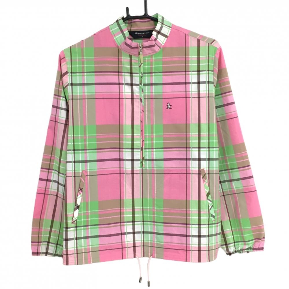 マンシングウェア ブルゾン ピンク×ライトグリーン チェック ハーフジップ ロゴ刺しゅう レディース L ゴルフウェア Munsingwear