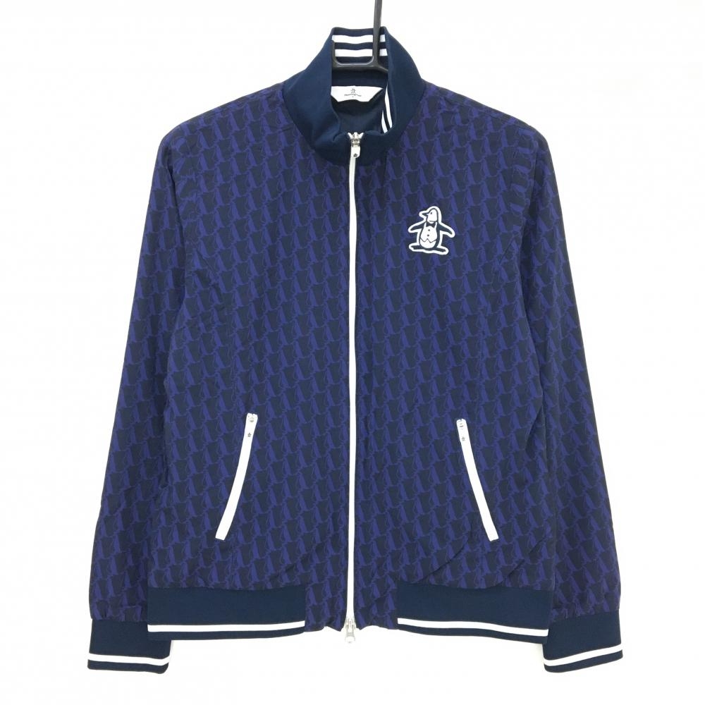 【超美品】マンシングウェア ナイロンジャケット ネイビー ペンギン総柄 裏地メッシュ レディース L ゴルフウェア Munsingwear