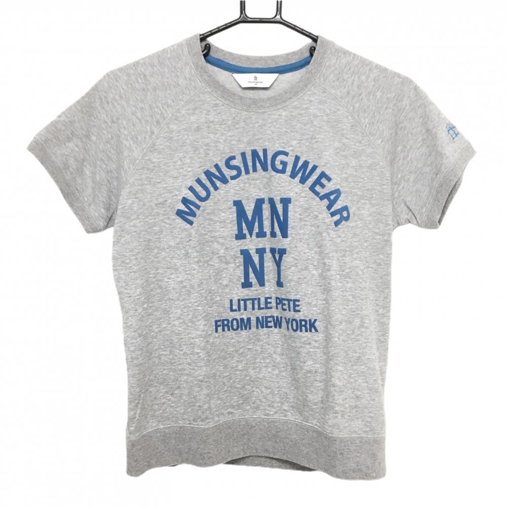 【美品】マンシングウェア 半袖トレーナー 杢グレー×ブルー フロッキープリント レディース M ゴルフウェア Munsingwear