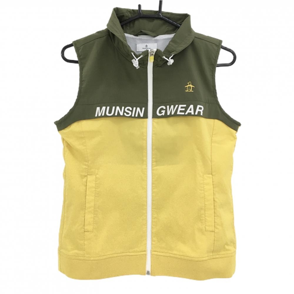 【超美品】マンシングウェア アウターベスト イエロー×カーキ バイカラー 裏メッシュ レディース S ゴルフウェア Munsingwear