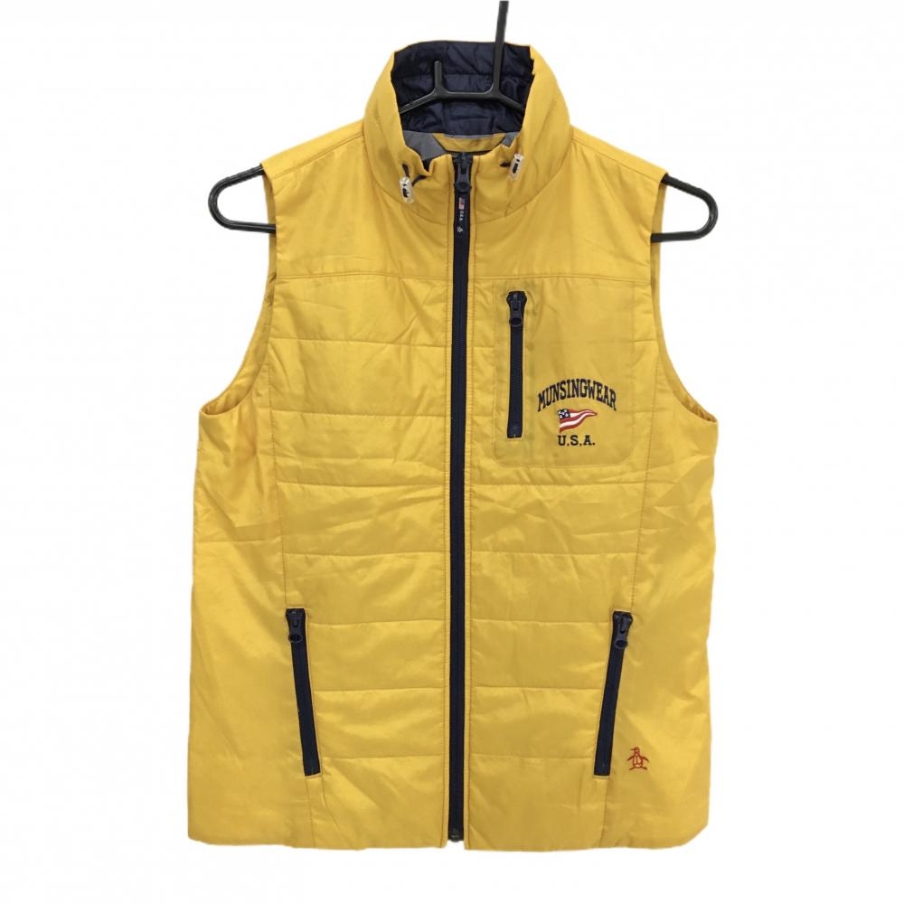 【美品】マンシングウェア 中綿ベスト イエロー×ネイビー ロゴ刺しゅう ジップポケット レディース M ゴルフウェア Munsingwear