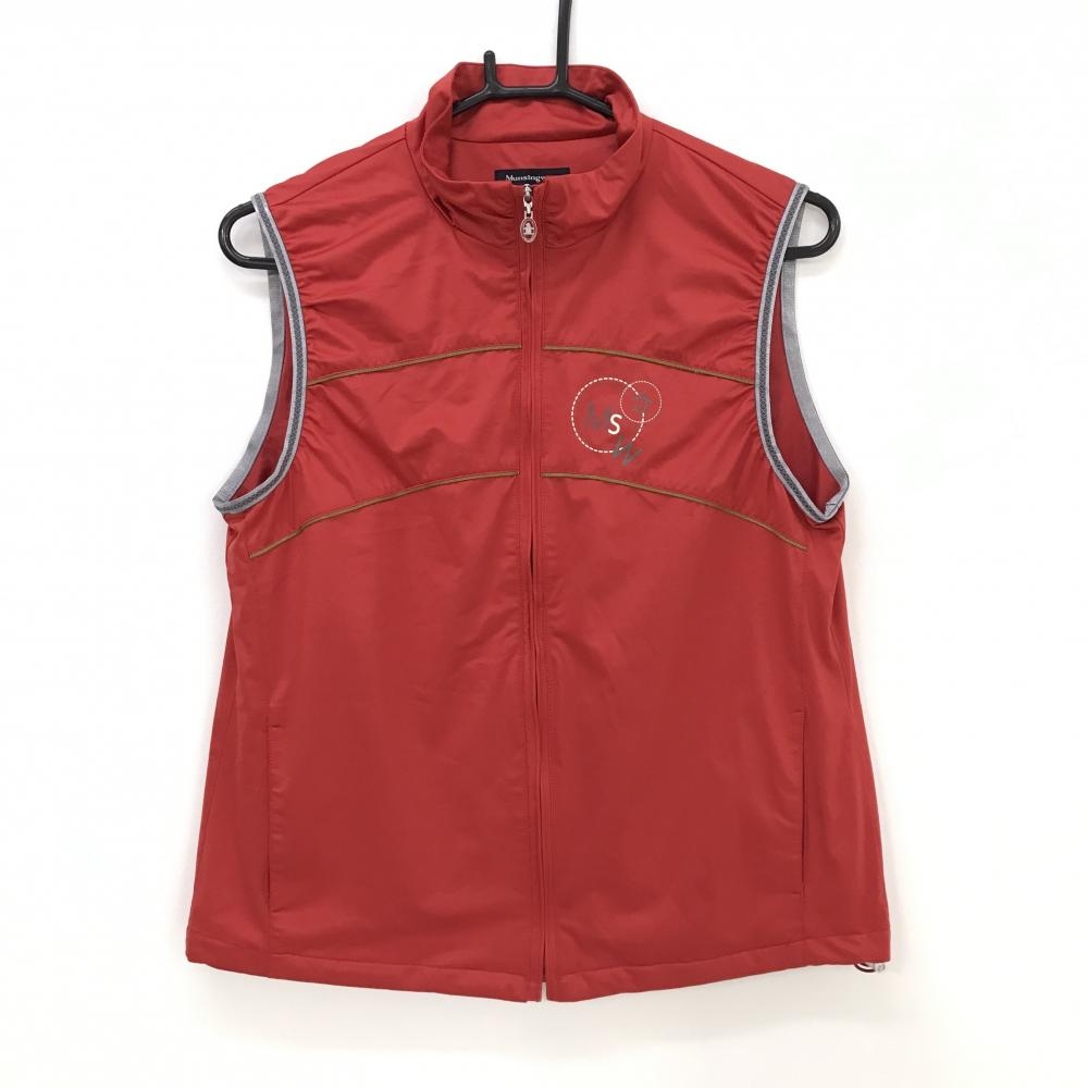 【美品】マンシングウェア アウターベスト レッド 胸ロゴプリント 裏地付き レディース M ゴルフウェア Munsingwear