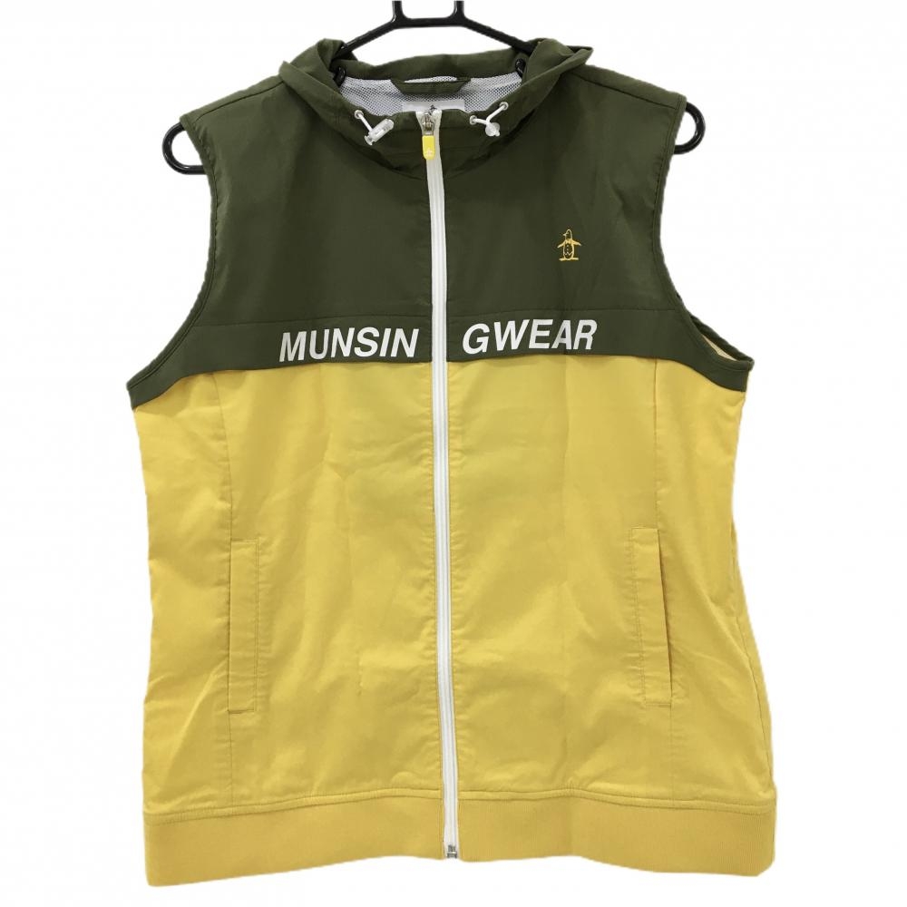 【超美品】マンシングウェア アウターベスト カーキ×イエロー ロゴプリント メッシュ裏地 レディース LL ゴルフウェア Munsingwear