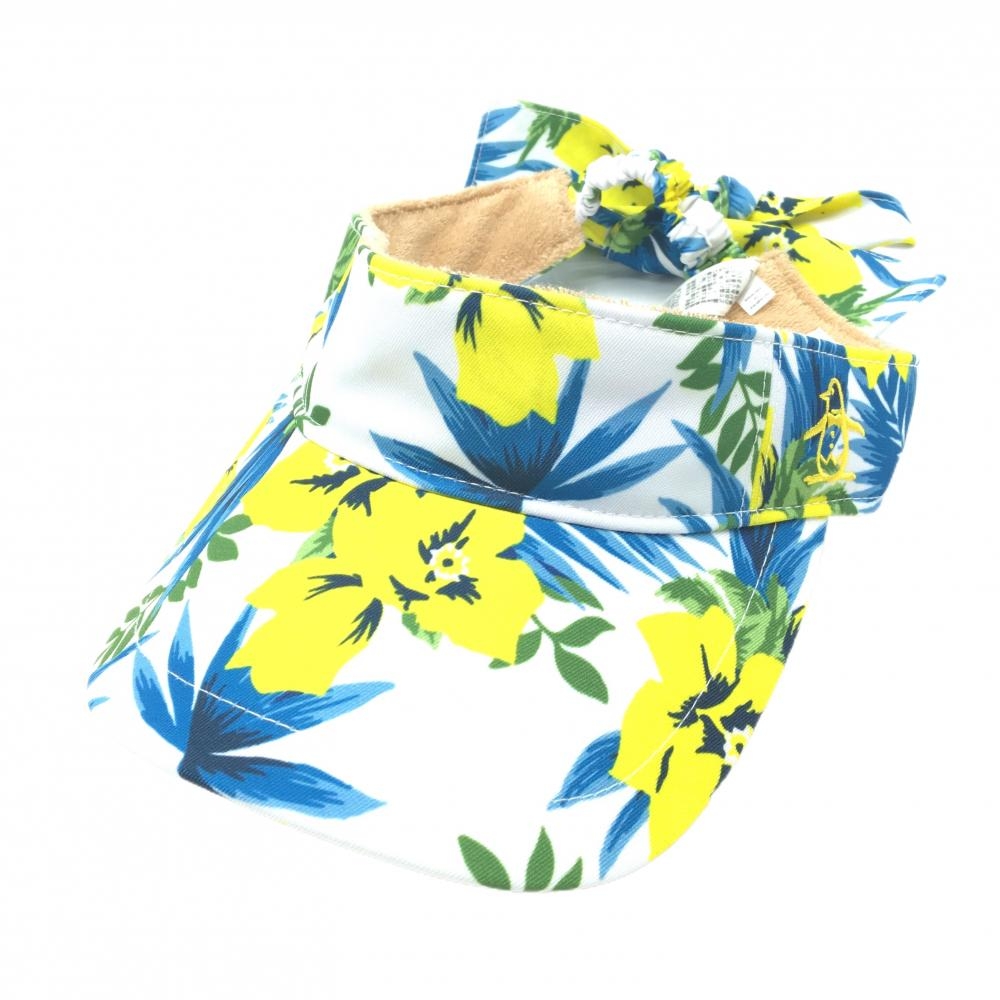 【新品】マンシングウェア サンバイザー 白×イエロー 花柄 リボン レディース F(55-59cm) ゴルフウェア Munsingwear