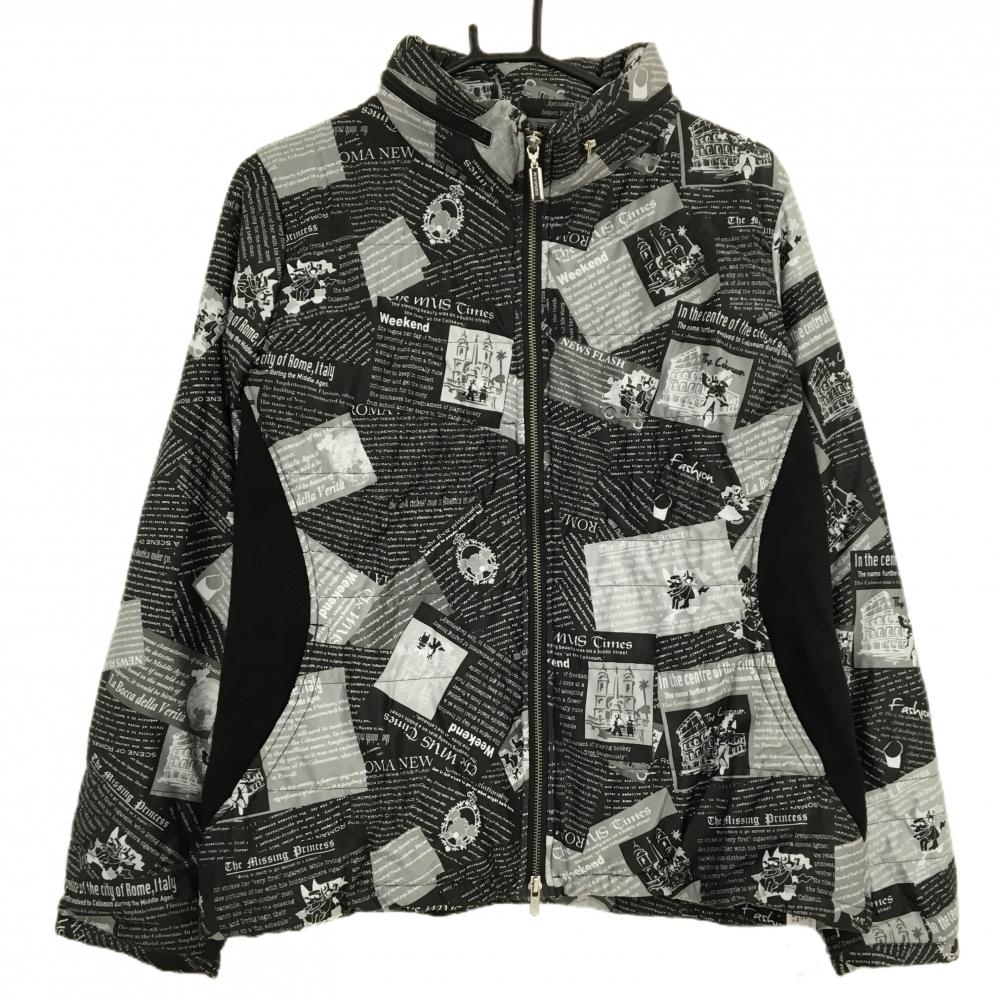 MUスポーツ 中綿ジャケット 黒×白 英字総柄 フード収納 所々色褪せ、 レディース 44(XL) ゴルフウェア M・U SPORTS