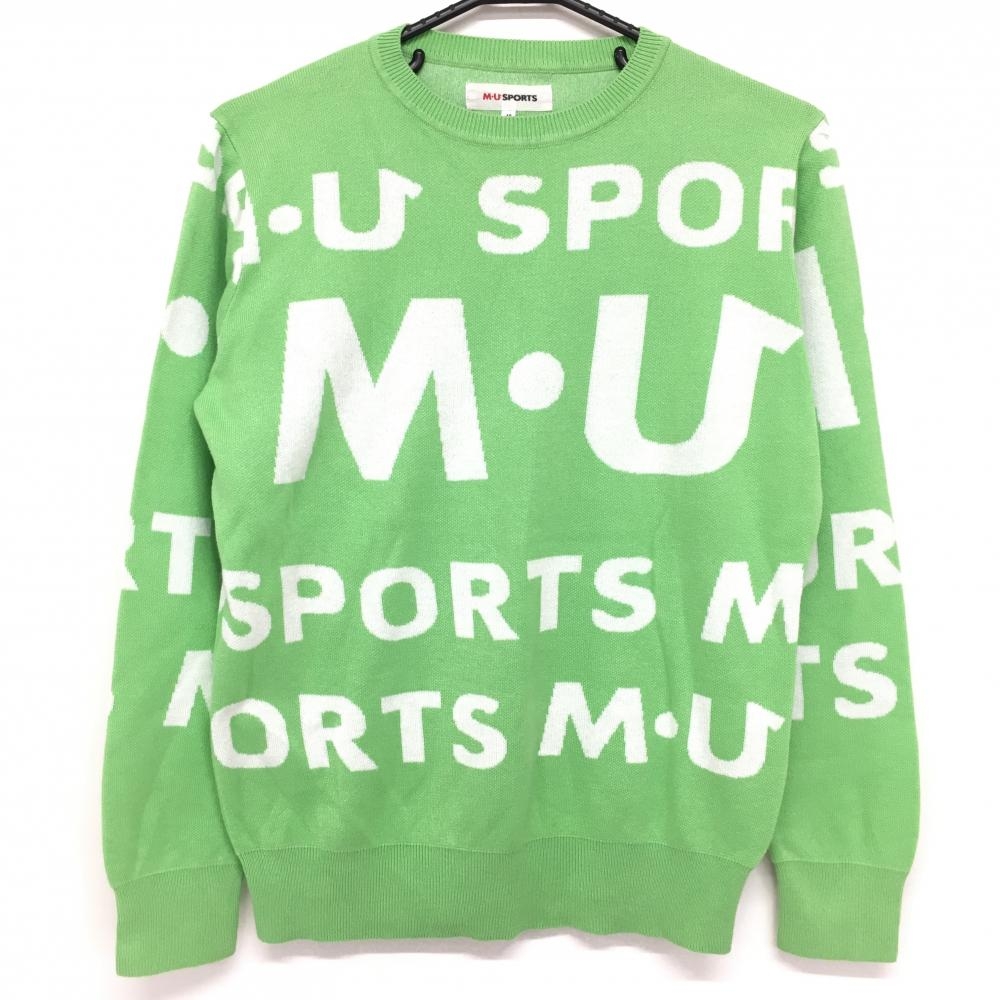 【超美品】MUスポーツ セーター ライトグリーン×白 ロゴ総柄 ニット レディース 42(L) ゴルフウェア M・U SPORTS