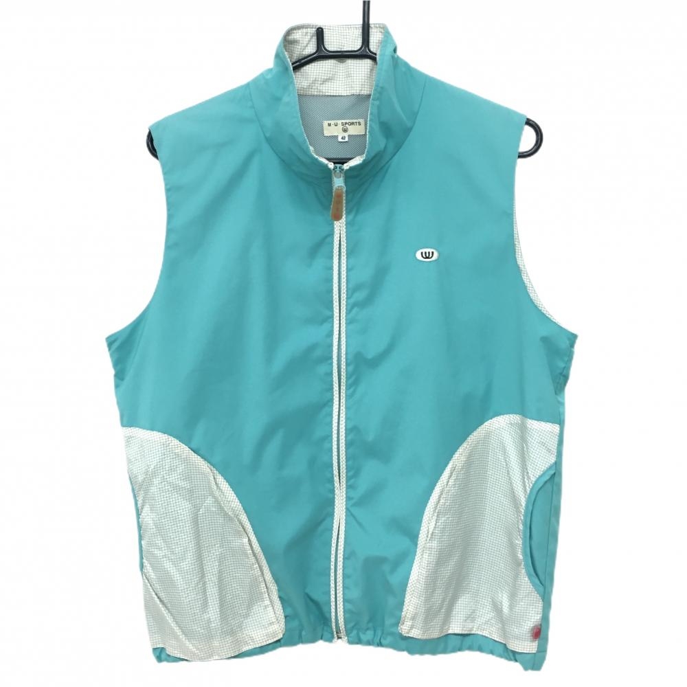 【美品】MUスポーツ アウターベスト ライトブルー系×白 犬 裾ドローコード  レディース 42(L) ゴルフウェア M・U SPORTS