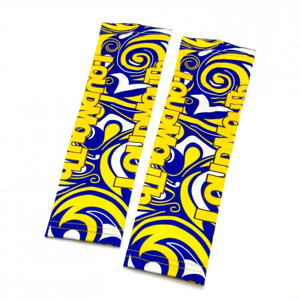 【新品】ラウドマウス アームカバー ブルー×イエロー 総柄 ロゴ レディース S ゴルフウェア LOUDMOUTH