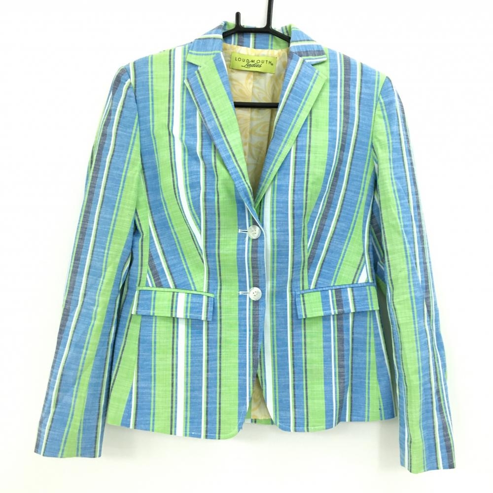 【超美品】ラウドマウス テーラードジャケット ブルー×ライトグリーン ストライプ肩パッド入り レディース US2(L) ゴルフウェア LOUDMOUTH