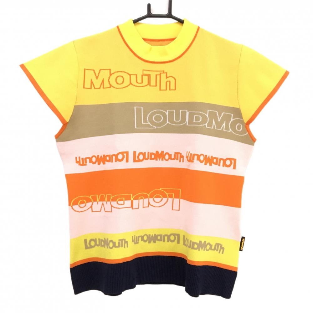 【新品】ラウドマウス 半袖セーター イエロー×オレンジ ボーダー ロゴ ニット レディース LL ゴルフウェア LOUDMOUTH