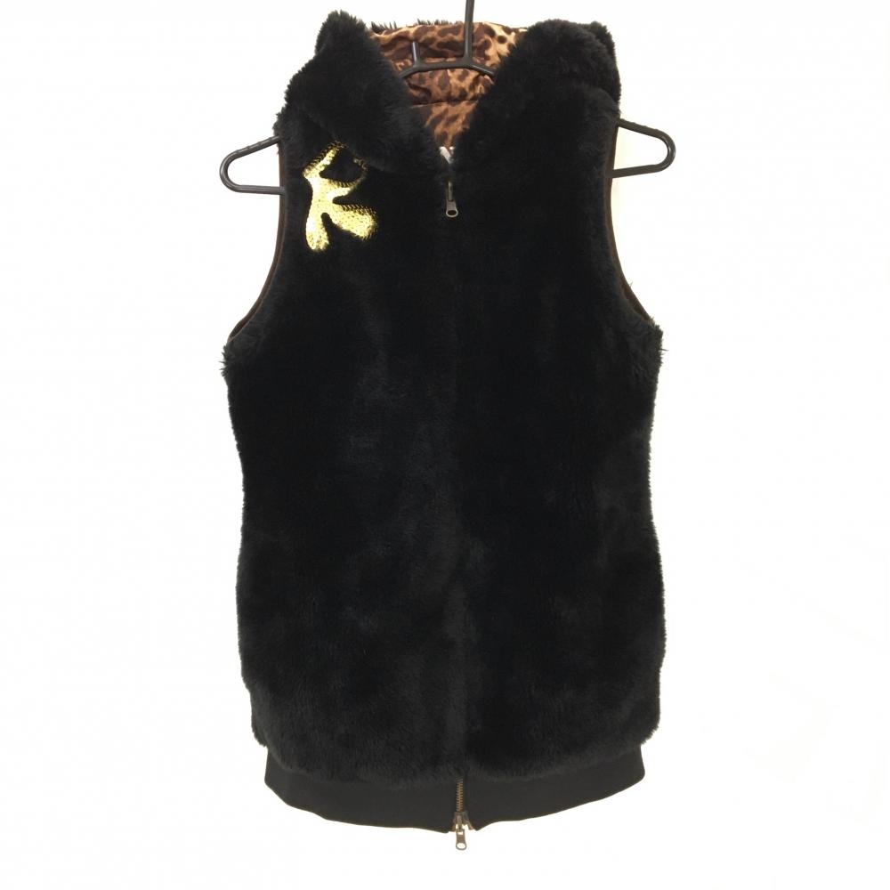 【超美品】ラッセルノ フード付リバーシブルボアベスト 黒 裏ブラウン レオパード柄  レディース M ゴルフウェア RUSSELUNO