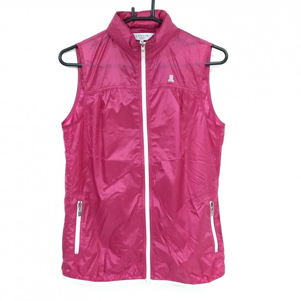 【美品】ランバンスポール ナイロンベスト ピンク×白 胸元ロゴ フード収納可 薄手 レディース 38(M) ゴルフウェア LANVIN SPORT