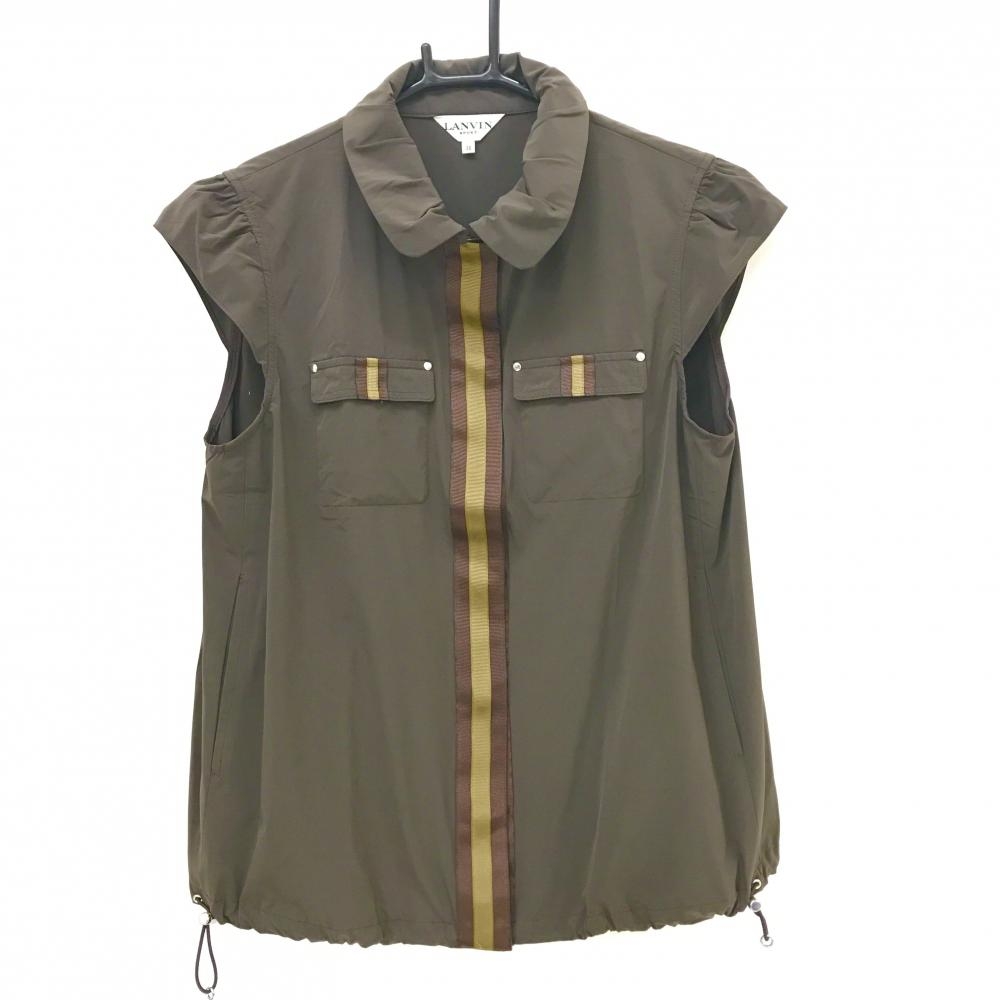 【超美品】ランバンスポール ナイロンベスト カーキ×ブラウン 袖フリル スナップボタン レディース 38(M) ゴルフウェア LANVIN SPORT