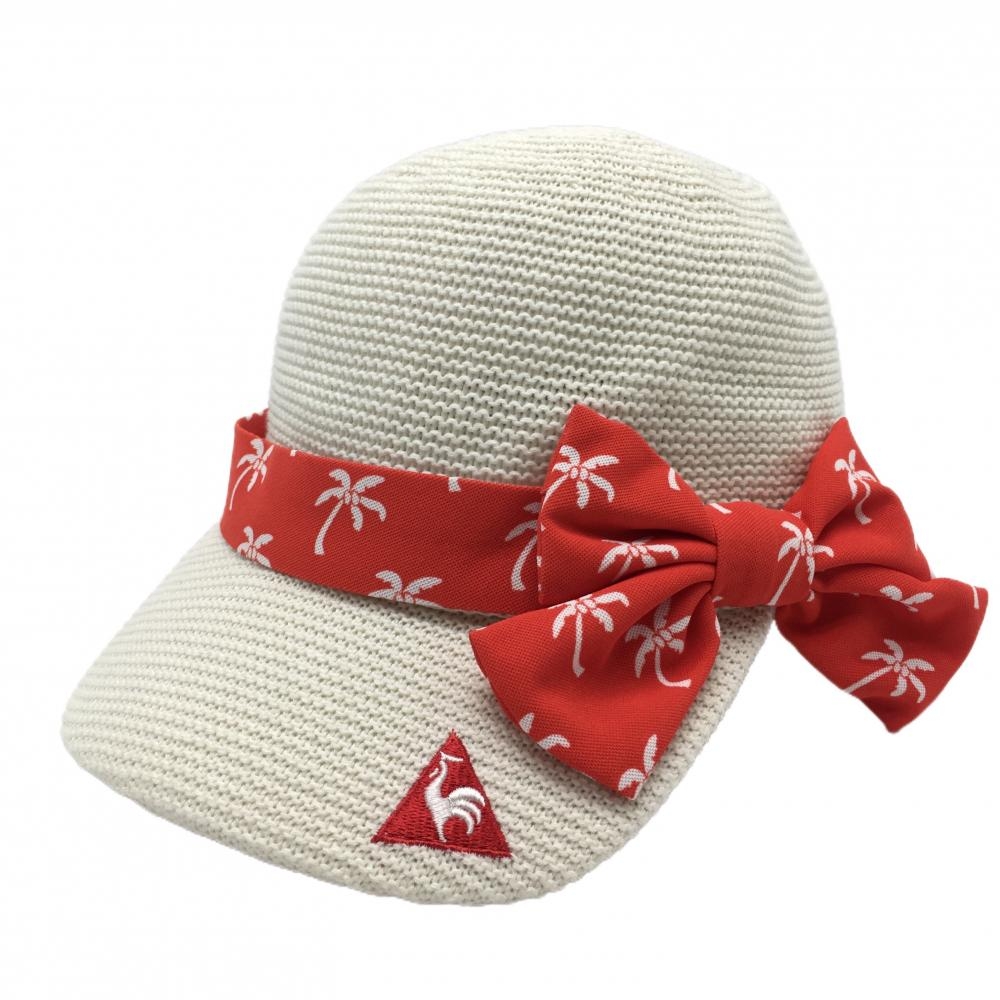 【美品】ルコック キャップ 白×レッド ヤシの木柄リボン レディース F(55cm-57cm) ゴルフウェア le coq sportif