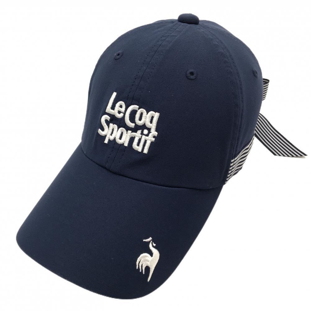 【美品】ルコックゴルフ キャップ ネイビー×白 サイド細ボーダー リボン着脱可 レディース  ゴルフウェア le coq sportif