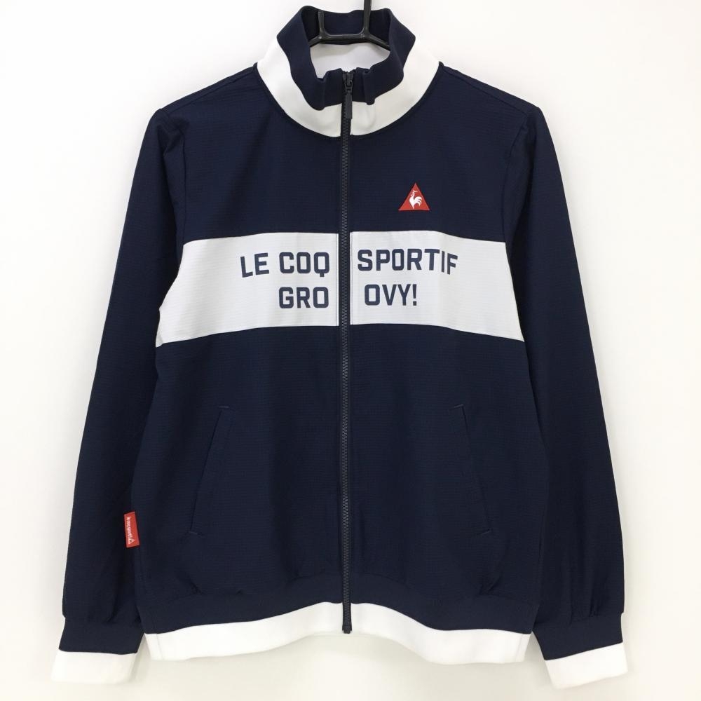 【美品】ルコック ジャケットブルゾン ネイビー×白 格子チェック織生地 ストレッチ 薄手  レディース L ゴルフウェア le coq sportif