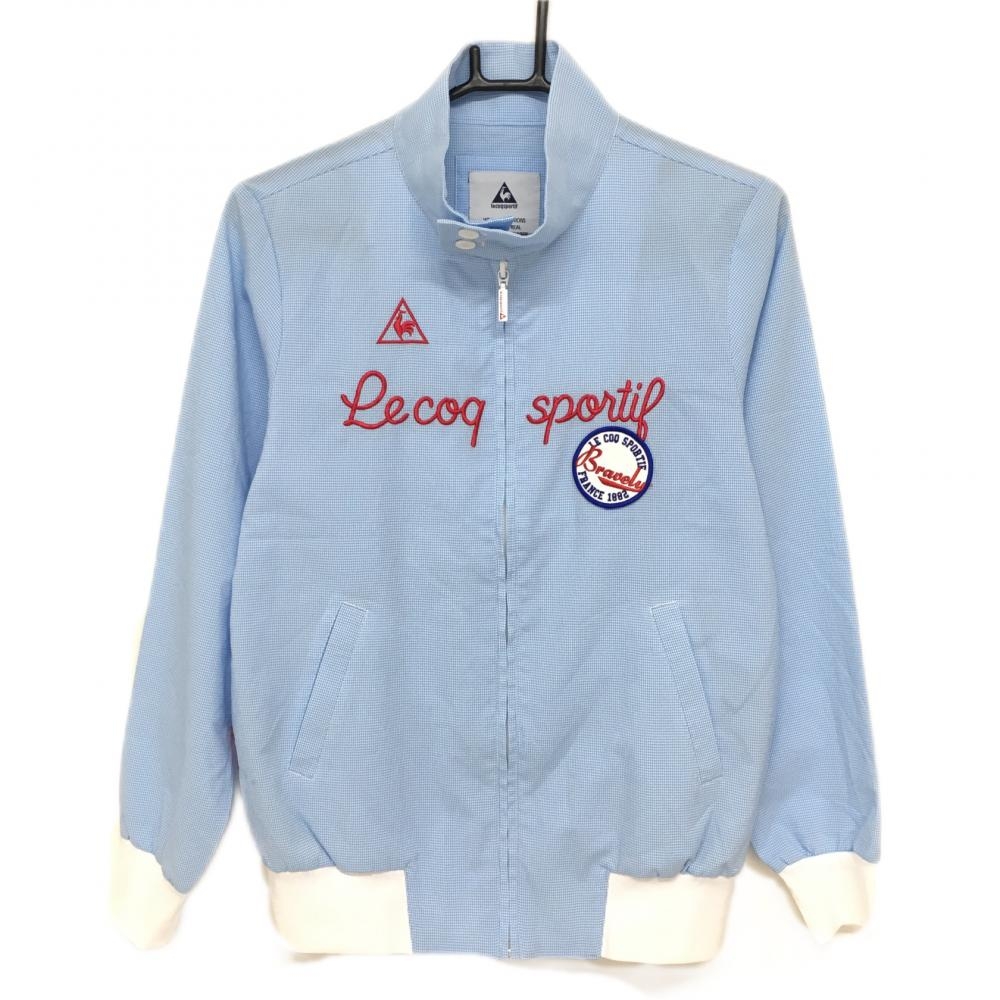 【超美品】ルコック ジャケットブルゾン ライトブルー×白 チェック ロゴ刺しゅう レディース M ゴルフウェア le coq sportif
